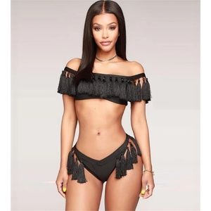 Black Off The Shoulder Tassel Bikini Swimsuit